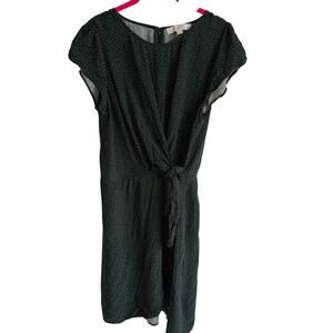 LOFT Petites Green Polka Dot Faux Wrap Capped Sleeves‎ Ladies Knot Dress, 12P